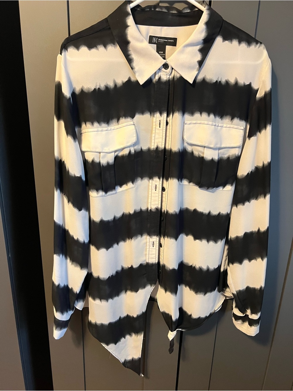 INC International Concepts Black and White Tie-Hem Button-Down Shirt